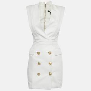 مملوكة مسبقًا فستان بالمان ميني تفاصيل أزرار قماش أبيض مقاس صغير (سمول)