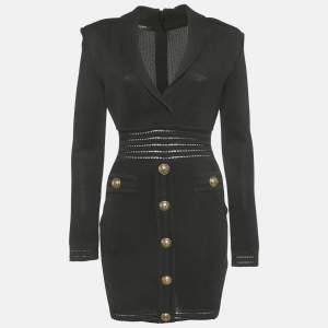 مملوكة مسبقًا فستان ميني بالمان تريكو شبكي أسود بتفاصيل أزرار مقاس متوسط (ميديوم)