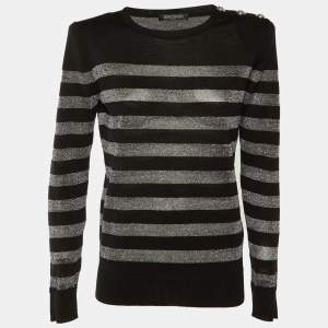 Pre Owned Balmain Black Striped Lurex Wool Structured Shoulder Jumper M