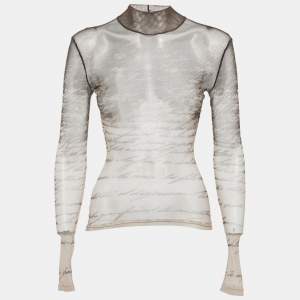 Pre Owned Balmain Beige Love Letter-Print Stretch Mesh Sheer Top S