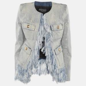 مملوكة مسبقًا Balmain Blue Bleached Denim Fringe-Trimmed Jacket S