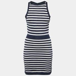 مملوكة مسبقًا Balmain Navy Blue / White Striped Knit Short Dress M