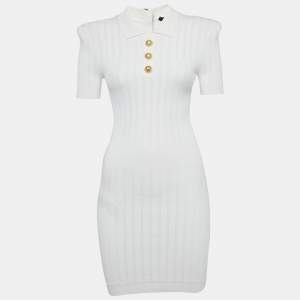 مملوكة مسبقًا Balmain White Rib Knit Collared Mini Dress M