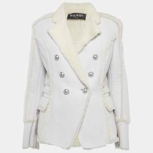 مملوكة مسبقًا Balmain Light Blue Lambskin Real Fur Double Breasted Coat M