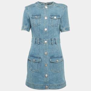 Pre Owned Balmain Blue Denim Slim Fit Mini Dress L