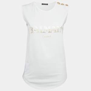 مملوكة مسبقًا Balmain White Logo Print Jersey Sleeveless T-Shirt S