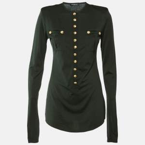 Pre Owned Balmain Green Cotton Button Detail Long Sleeve Top M