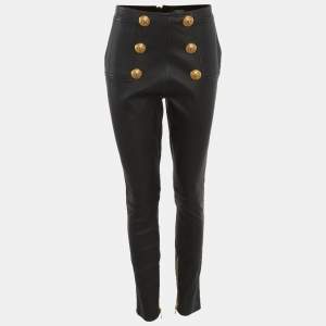 مملوكة مسبقًا Balmain Black Leather Gold Button Detail Skinny Fit Pants M