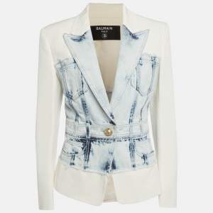 Pre Owned Balmain White/Blue Denim & Crepe Hybrid Blazer M