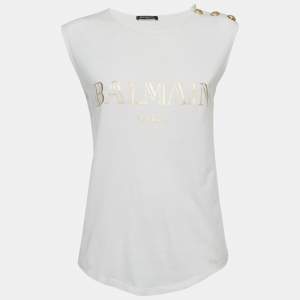 Pre Owned Balmain White Logo Print Jersey Sleeveless T-Shirt M