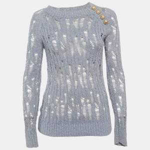 Pre Owned Balmain Blue Lurex Open Knit Sweater S