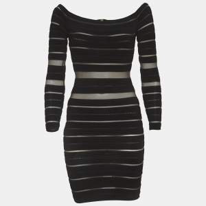 Pre Owned Balmain Black Sheer Striped Off-Shoulder Mini Dress S