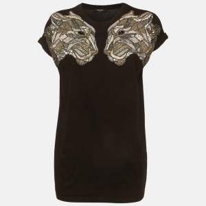 Pre Owned Balmain Black Jersey Embellished Signature Tiger T-Shirt XS