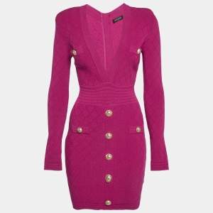 Pre Owned Balmain Fuchsia Pink Jacquard Knit Button Detail Mini Dress S