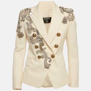 Pre Owned Balmain Cream Gabardine Embellished Double Breasted Blazer S