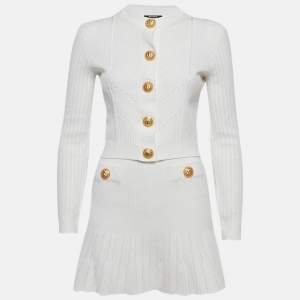 Pre Owned تنورة وبلوزة بالمان مضلعة بيضاء بتفاصيل أزرار مقاس صغير - سمول