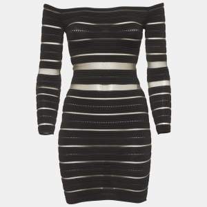 Pre Owned Balmain Black Striped Sheer Tulle and Knit Off-Shoulder Mini Dress S