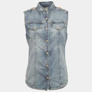 Pre Owned Balmain Blue Faded Denim Sleeveless Shirt M