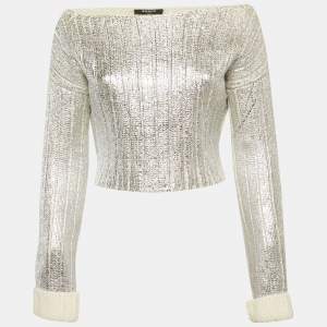 مملوكة مسبقًا Balmain Silver Metallic Coated Rib Knit Sweater S