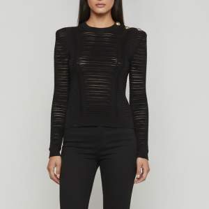 Pre Owned Balmain Black Rib Knit Semi Sheer Exaggerated Shoulder Jumper M 