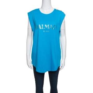 Pre Owned Balmain Blue Cotton Shoulder Logo Button Detail Sleeveless T-Shirt L