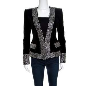 Pre Owned Balmain Black Crystal Embellished Velvet Tailored Power Shoulder Blazer M