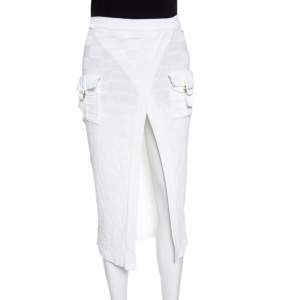 Pre Owned Balmain White Checkered Knit Patch Pocket Detail Faux Wrap Skirt S