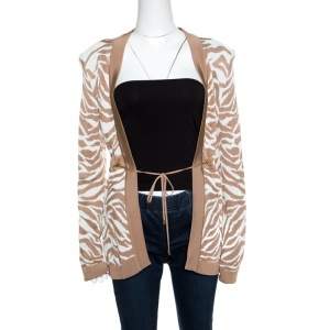 Balmain Brown and White Zebra Pattern Jacquard Knit Drawstring Detail Jacket S