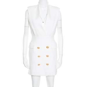 Pre Owned Balmain Off White Plunge Neck Sleeveless Blazer Dress M