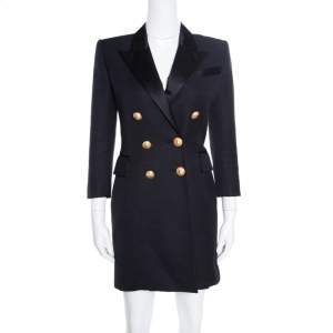 Pre Owned Balmain Black Basket Weave Satin Lapel Detail Coat Dress S