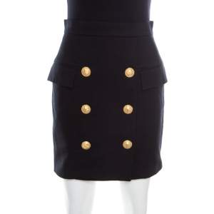 Pre Owned Balmain Black Textured Cotton Gold Button Detail High Waist Mini Skirt S
