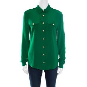 Pre Owned Balmain Green Silk Gold Button Detail Long Sleeve Classic Shirt M