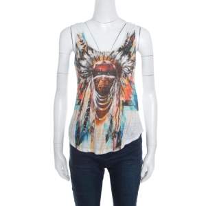 Pre Owned Balmain White Linen Jersey Red Indian Print Sleeveless Tank Top M