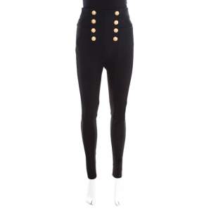 Balmain Black Knit Logo Button Detail High Waist Trousers M