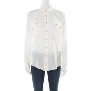 Pre Owned Balmain Cream Silk Gold Tone Button Detail Long Sleeve Shirt M