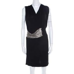 فستان بالمان ميني ملتف صناعي سلسلة معدن حلقات صوف تريكو أسود M