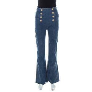Balmain Blue Denim Medium Wash Gold Button Detail High Waist Flared Jeans S