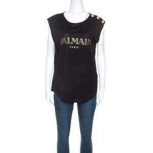 Pre Owned Balmain Black Cotton Shoulder Logo Button Detail Sleeveless T-Shirt M