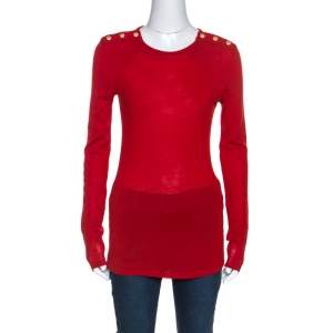 Balmain Red Wool Knit Button Detail Long Sleeve Top M