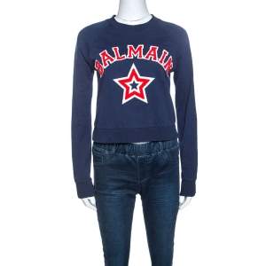 Pre Owned Balmain Navy Blue Logo Embroidered Knit Cropped Top S