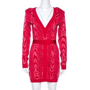 Pre Owned Balmain Red Moire Jacquard Knit Mini Dress M