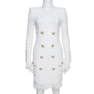Balmain White Distressed Tweed Fringe Detail Fitted Dress S 