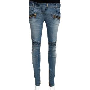 Balmain Blue Denim Zip Detail Skinny Jeans S