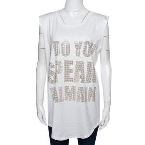 Pre Owned Balmain Off White Cotton 'Do You Speak Balmain' Embellished Sleeveless Top S 