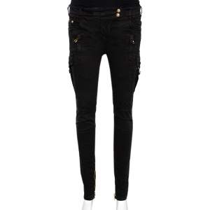 Balmain Black Cotton Zipper Detail Skinny Pants S