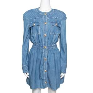 Pre Owned Balmain Blue Quilted Denim Long Sleeve Dress S