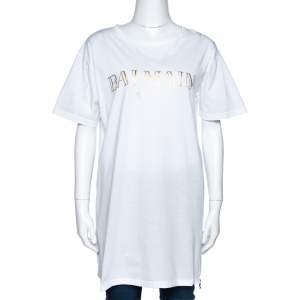 Pre Owned Balmain White Logo Print Cotton Side Zip Detail Oversized T-Shirt L