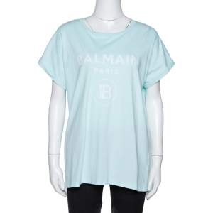 Pre Owned Balmain Light Blue Flock Logo Print Cotton Crew Neck T-Shirt L