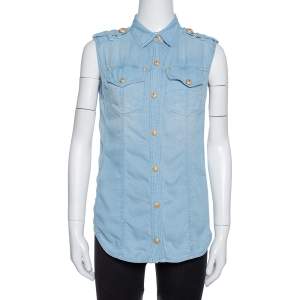 Pre Owned Balmain Blue Lyocell Sleeveless Button Front Shirt S