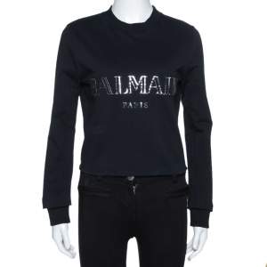 Pre Owned Balmain Black Cotton Metallic Logo Applique Cropped Sweatshirt Top M